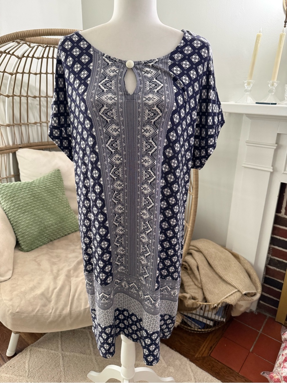 Lucky Brand Navy Boho Border Print Shift Dress Size Large